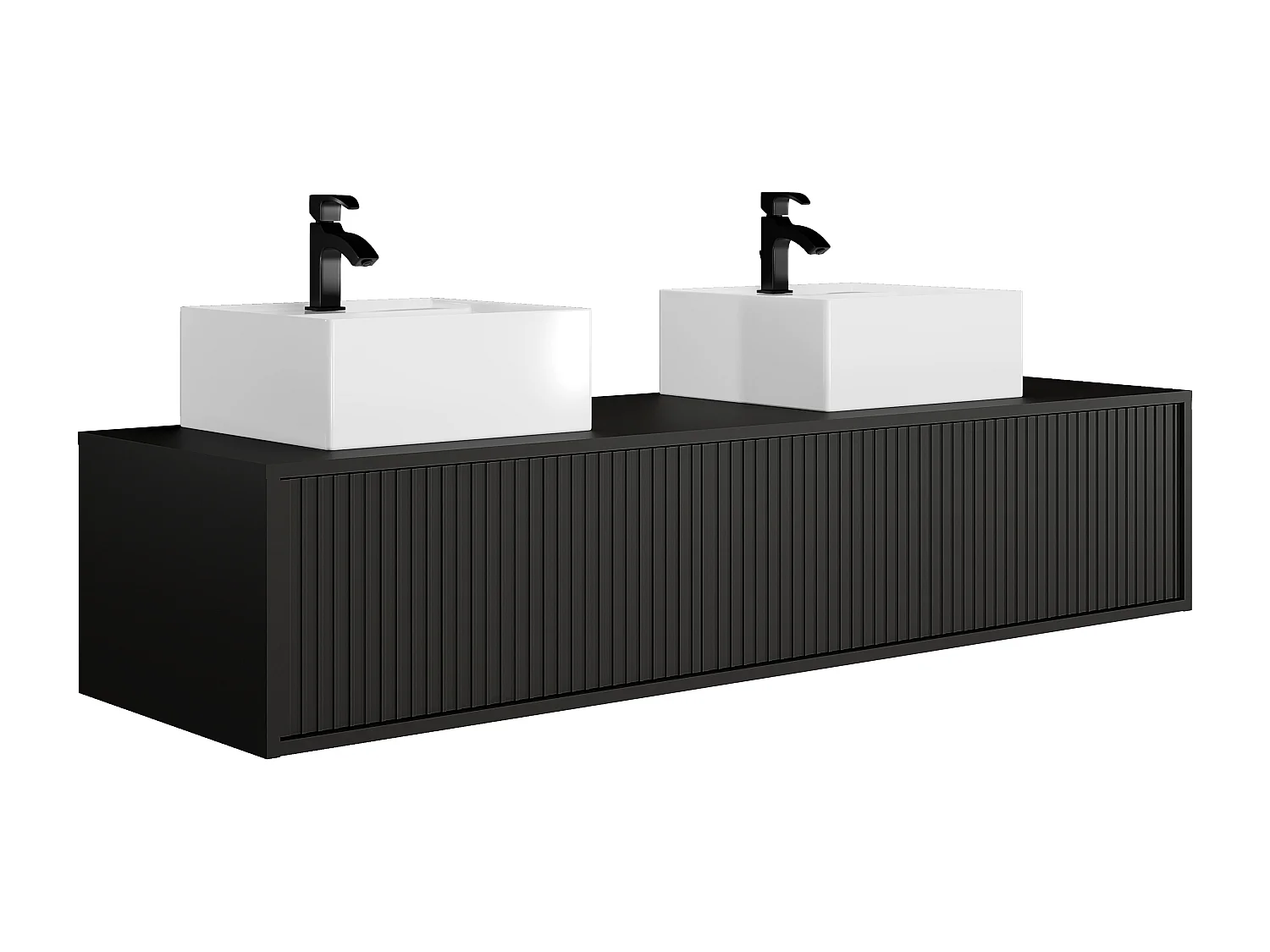 Mueble de baño suspendido estriado con lavabo doble - Negro - 150 cm - ARNEGA