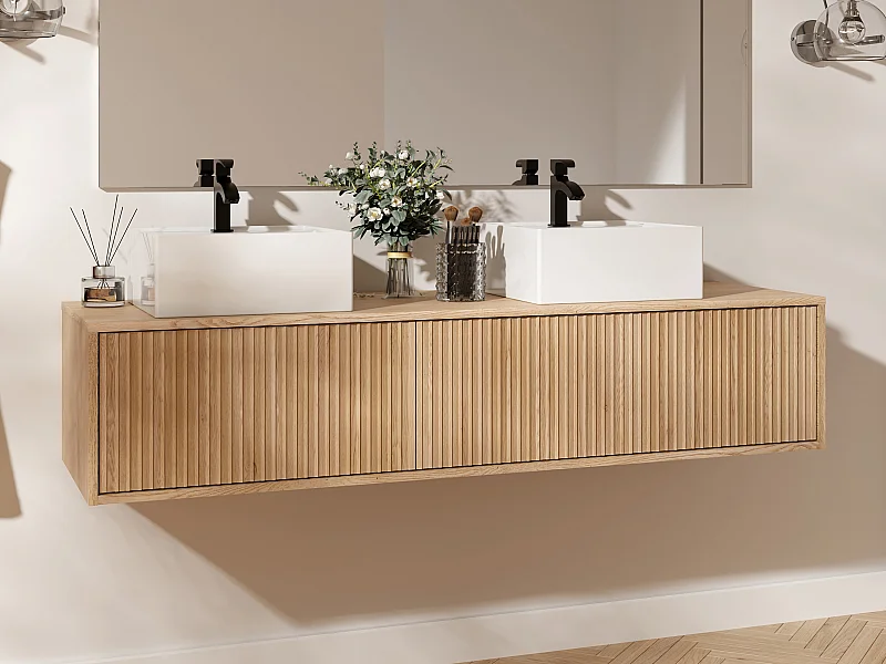 Meuble de salle de bain suspendu strié avec double vasque - Naturel clair - 150 cm - ARNEGA