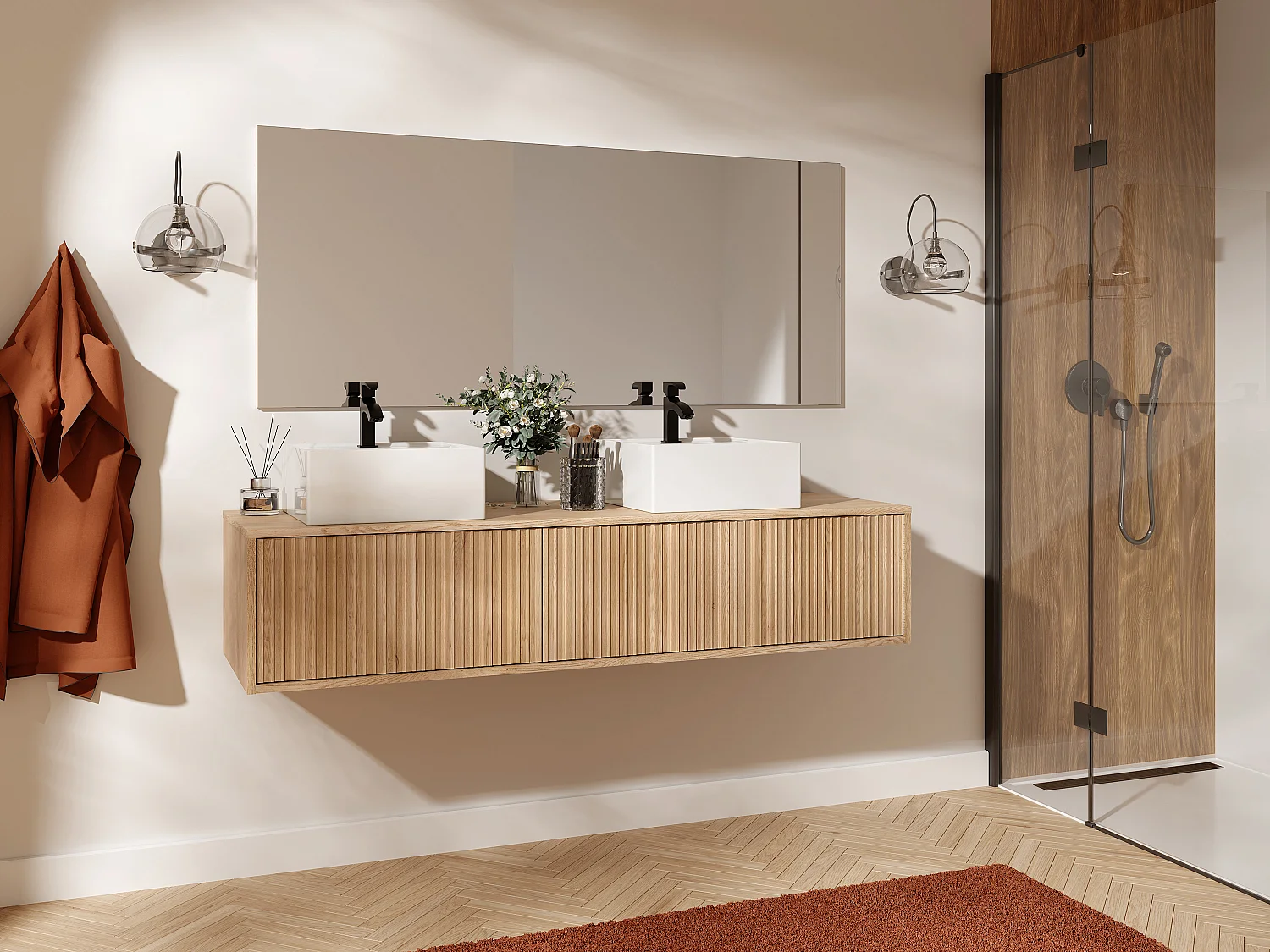 Meuble de salle de bain suspendu strié avec double vasque - Naturel clair - 150 cm - ARNEGA