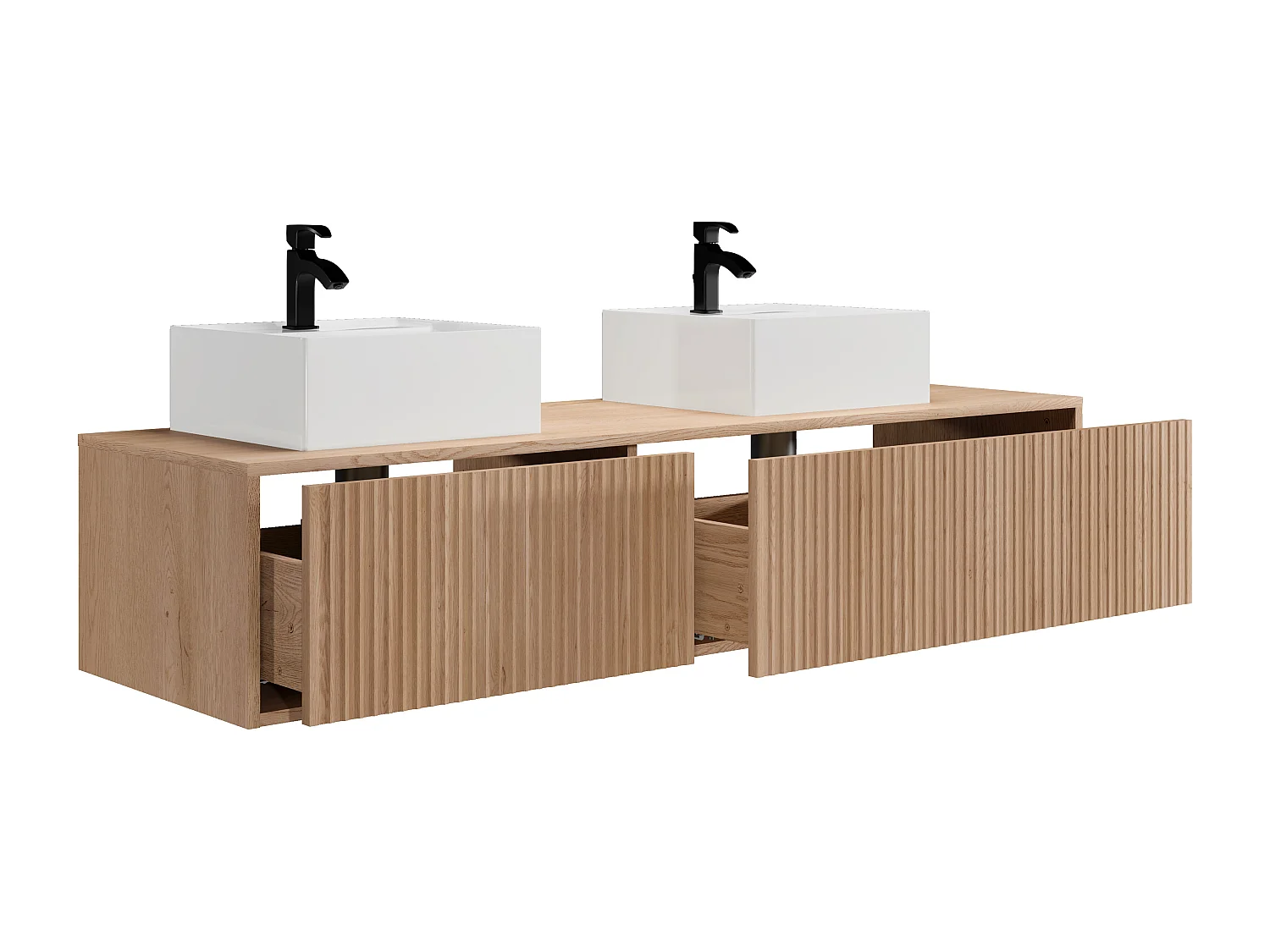 Meuble de salle de bain suspendu strié avec double vasque - Naturel clair - 150 cm - ARNEGA