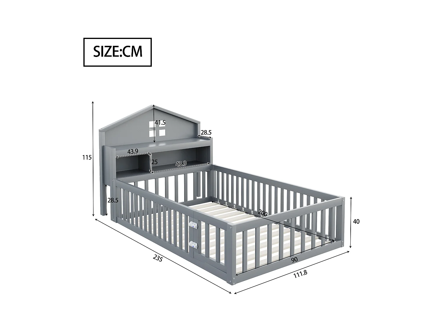 Lit enfant 90 x 200 cm - Lit simple avec barrières de sécurité et porte - etagères et rangements - bois gris