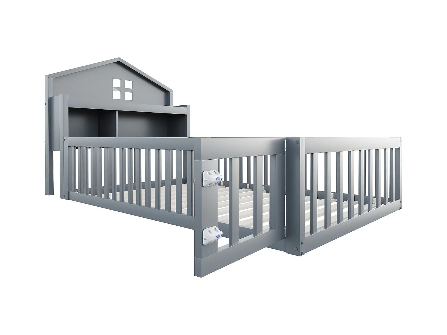 Lit enfant 90 x 200 cm - Lit simple avec barrières de sécurité et porte - etagères et rangements - bois gris