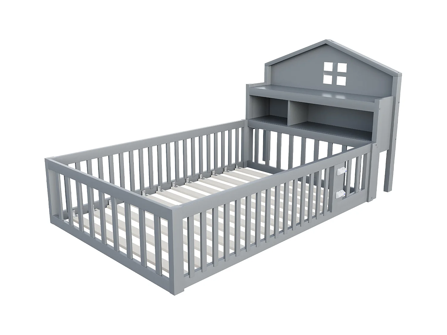 Lit enfant 90 x 200 cm - Lit simple avec barrières de sécurité et porte - etagères et rangements - bois gris