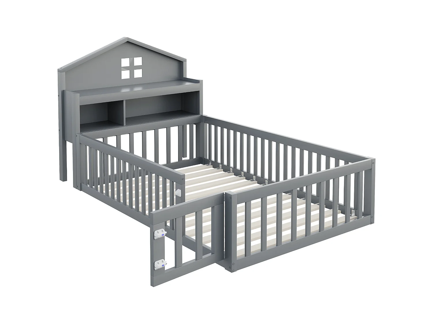 Lit enfant 90 x 200 cm - Lit simple avec barrières de sécurité et porte - etagères et rangements - bois gris