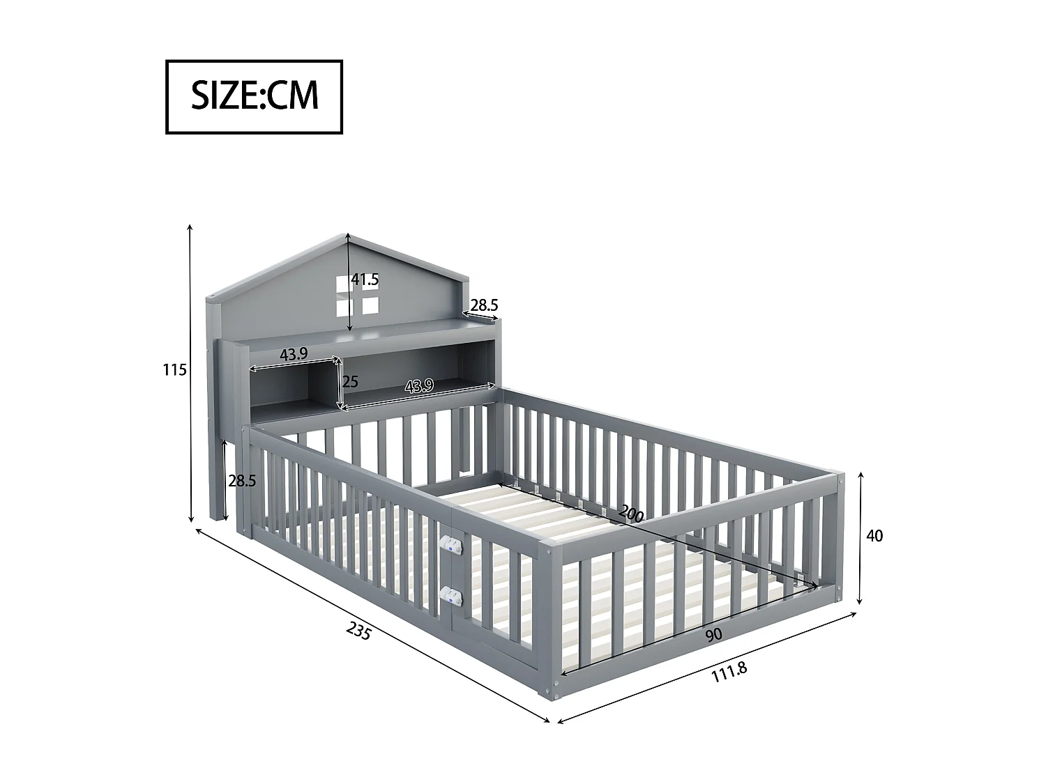 Lit enfant 90 x 200 cm - Lit simple avec barrières de sécurité et porte - etagères et rangements - bois gris