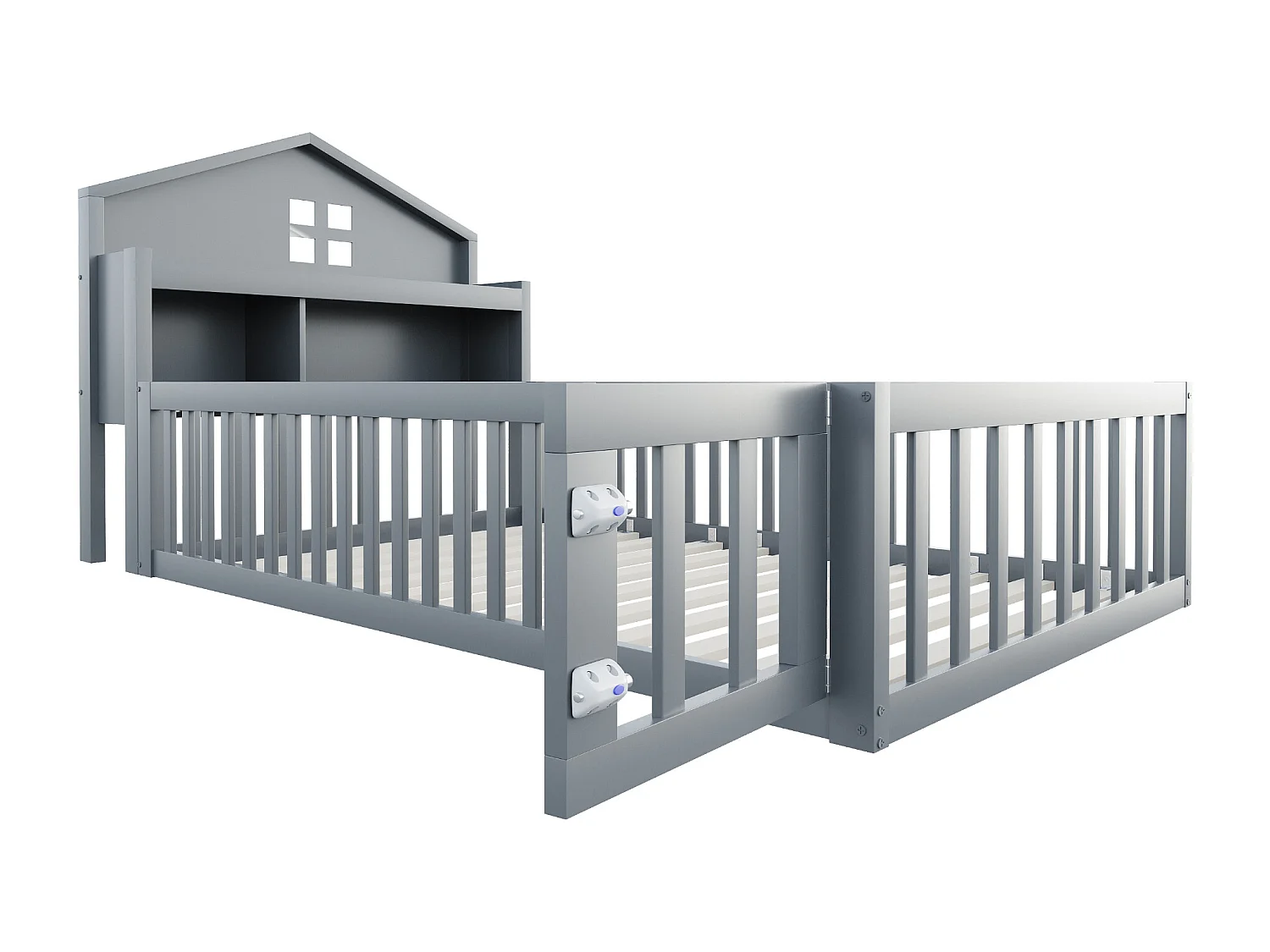 Lit enfant 90 x 200 cm - Lit simple avec barrières de sécurité et porte - etagères et rangements - bois gris