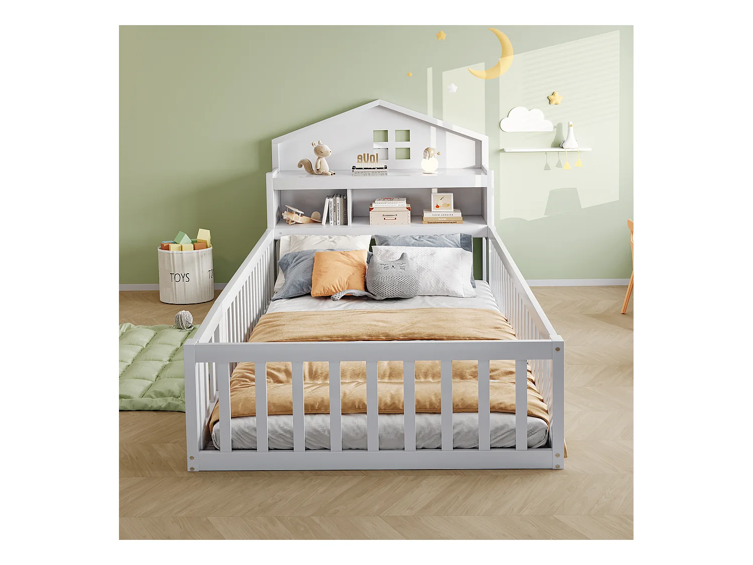 Kinderbett 90 x 200 cm - Einzelbett mit Absturzsicherung und Tür - regale und stauraum - weißes holz