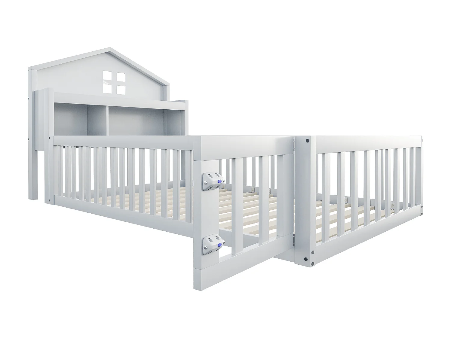 Kinderbett 90 x 200 cm - Einzelbett mit Absturzsicherung und Tür - regale und stauraum - weißes holz