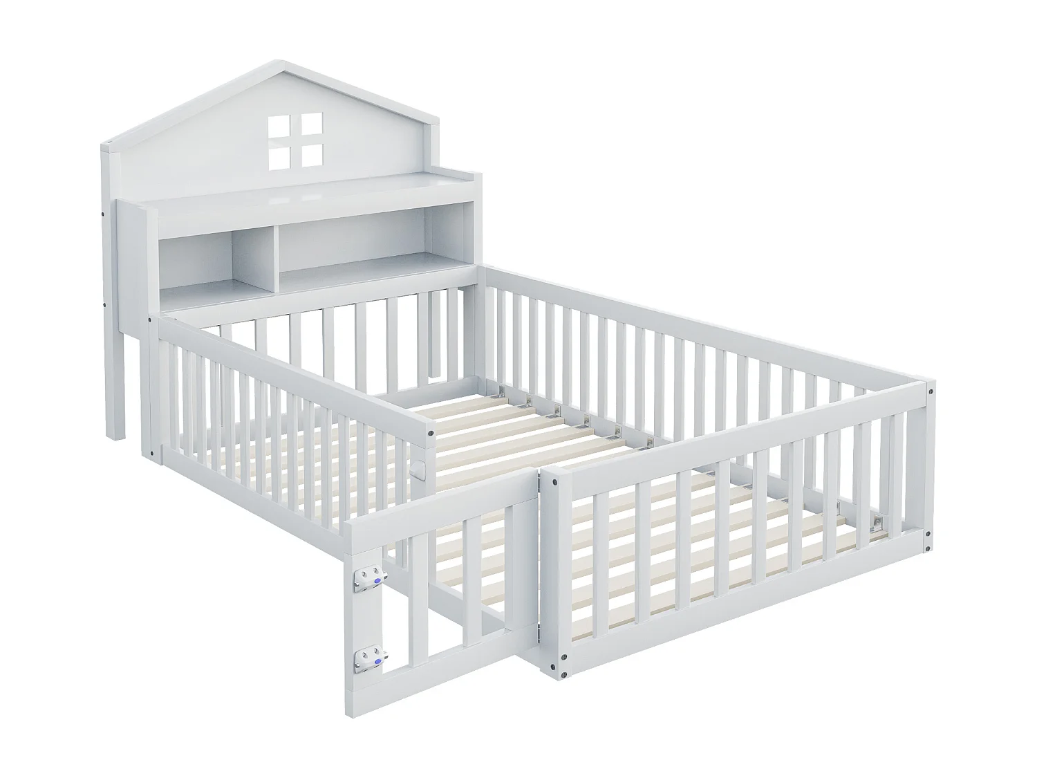 Kinderbed 90 x 200 cm - Eenpersoonsbed met uitvalbeveiliging en deur - planken en opbergruimte - wit hout
