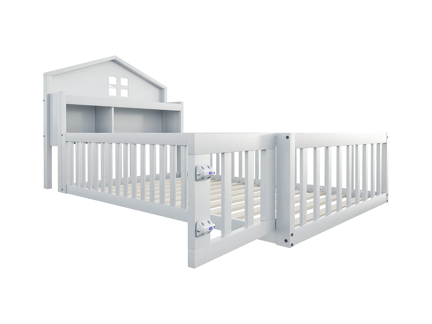 Kinderbed 90 x 200 cm - Eenpersoonsbed met uitvalbeveiliging en deur - planken en opbergruimte - wit hout