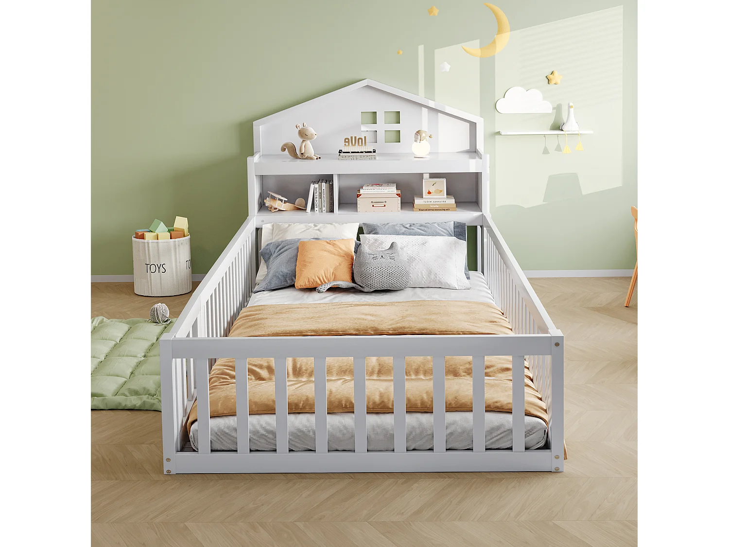 Lit enfant 90 x 200 cm - Lit simple avec barrières de sécurité et porte - etagères et rangements - bois blanc
