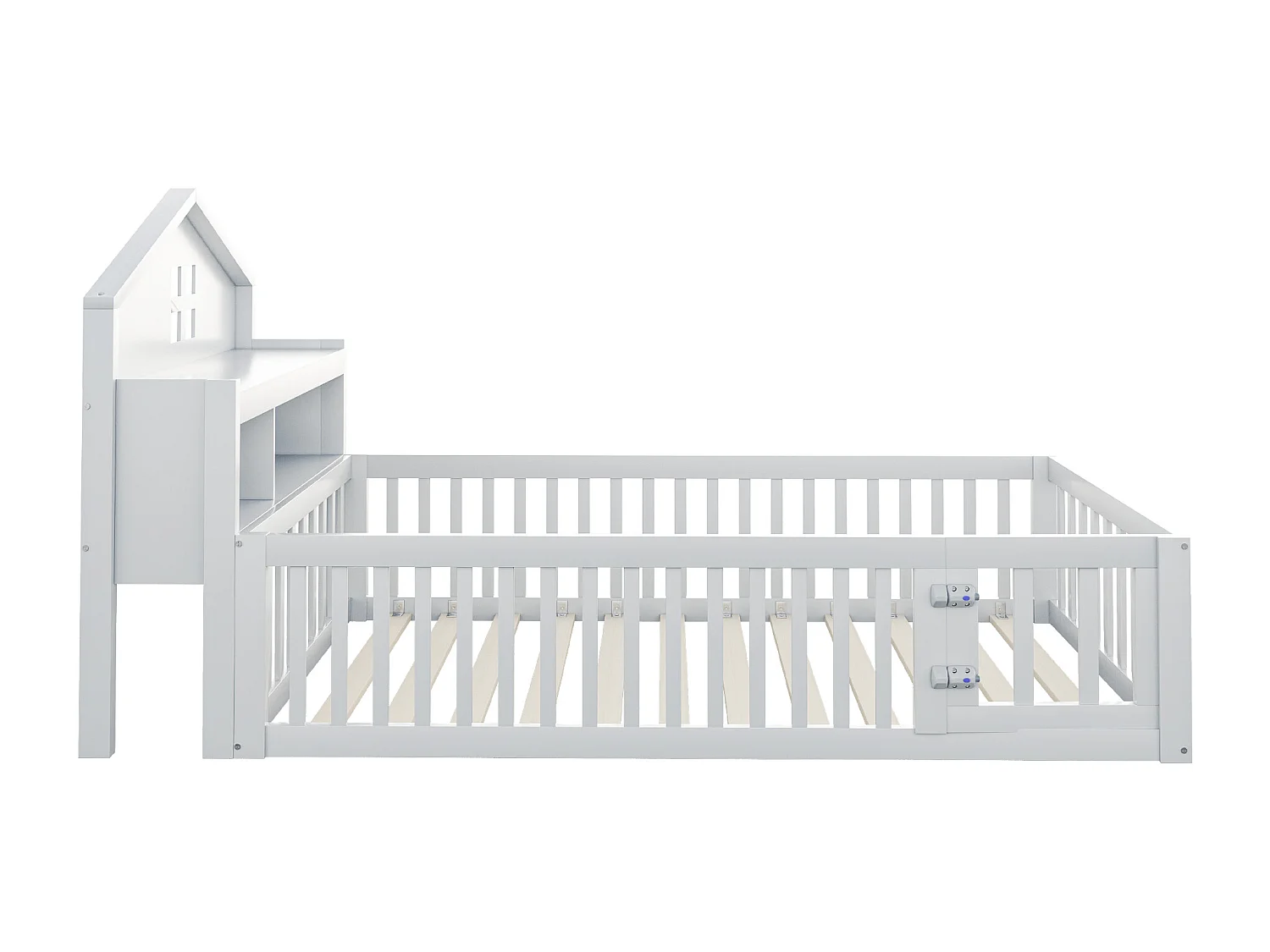 Lit enfant 90 x 200 cm - Lit simple avec barrières de sécurité et porte - etagères et rangements - bois blanc