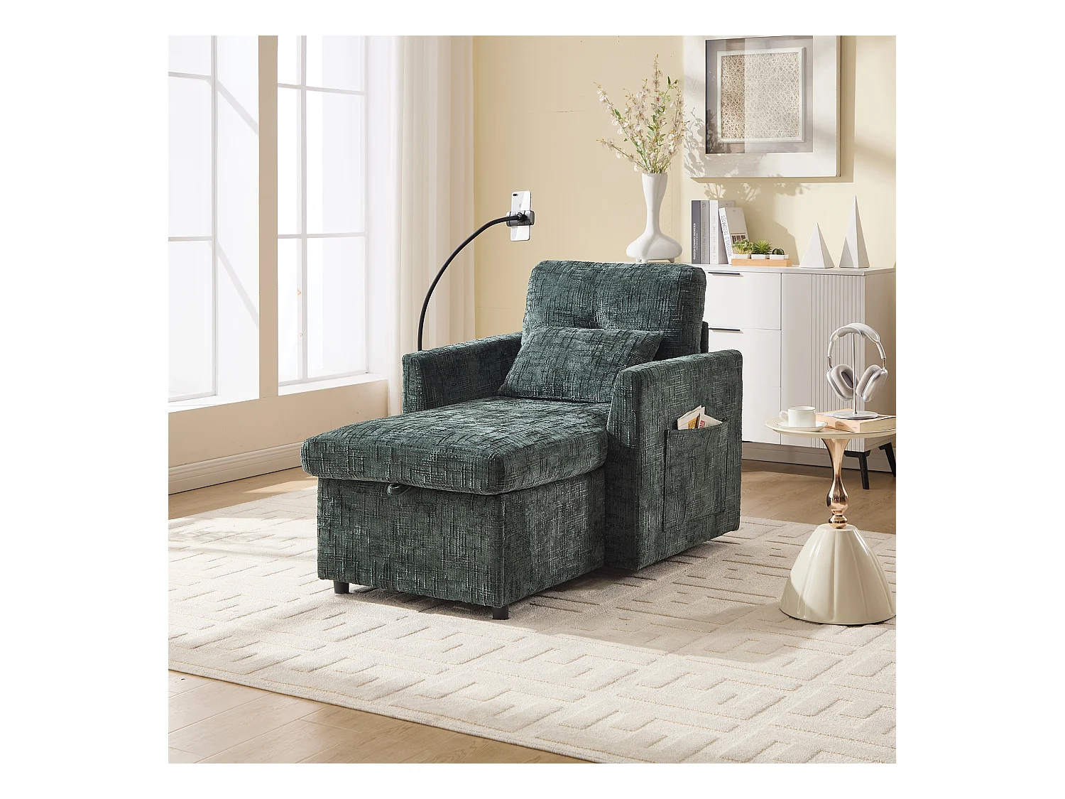 Canapé 1 place avec 2 poches latérales - Canapé de salon avec support pour téléphone et rangement dissimulé - chenille vert