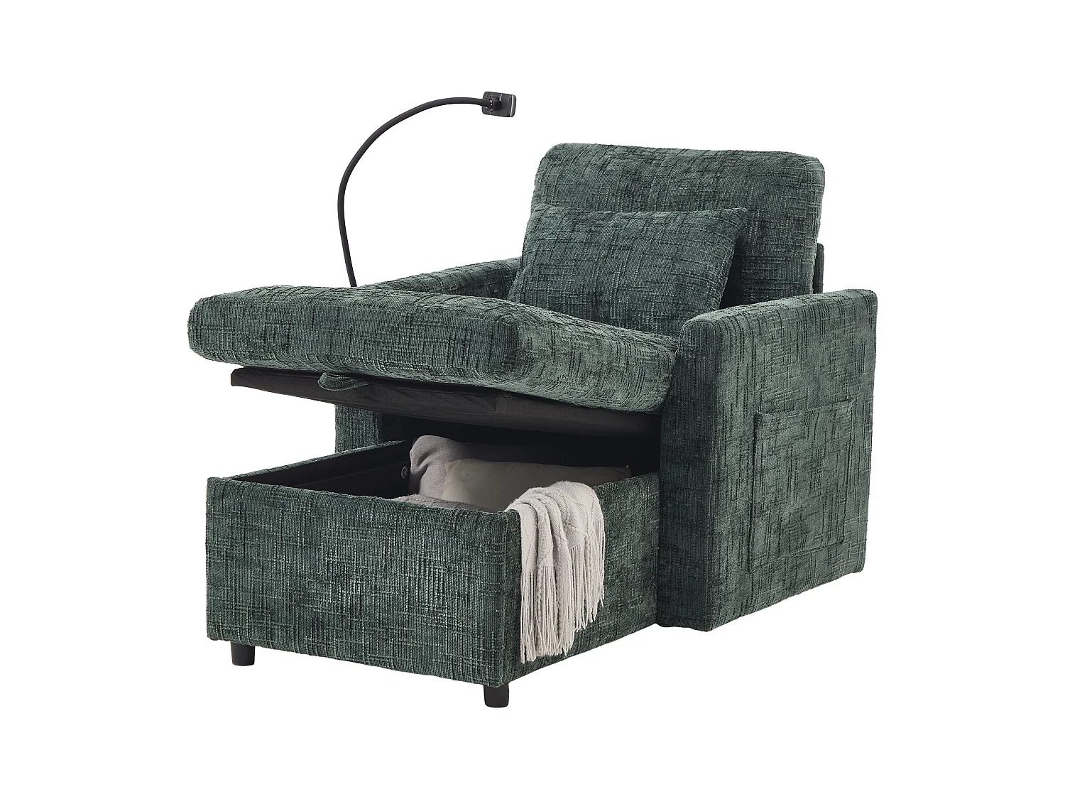 Canapé 1 place avec 2 poches latérales - Canapé de salon avec support pour téléphone et rangement dissimulé - chenille vert