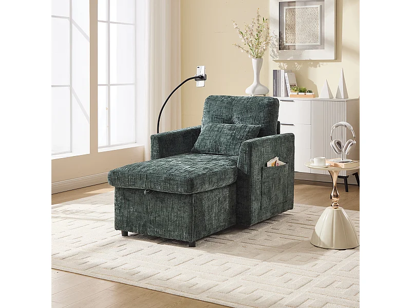 Sofá de 1 lugar com 2 bolsos laterais - Sofá para sala de estar com suporte para telemóvel e compartimento oculto - chenille verde