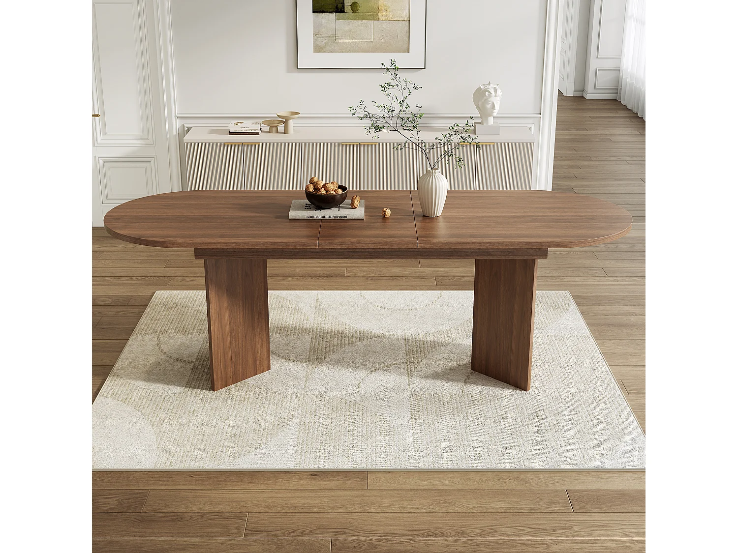 Mesa de comedor ovalada de nogal - Mesa extensible con tablero acolchado - Capacidad para 4-6 personas