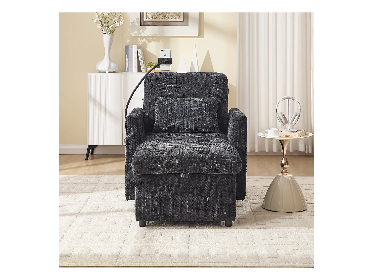 Canapé 1 place avec 2 poches latérales - Canapé de salon avec support pour téléphone et rangement dissimulé - chenille noir