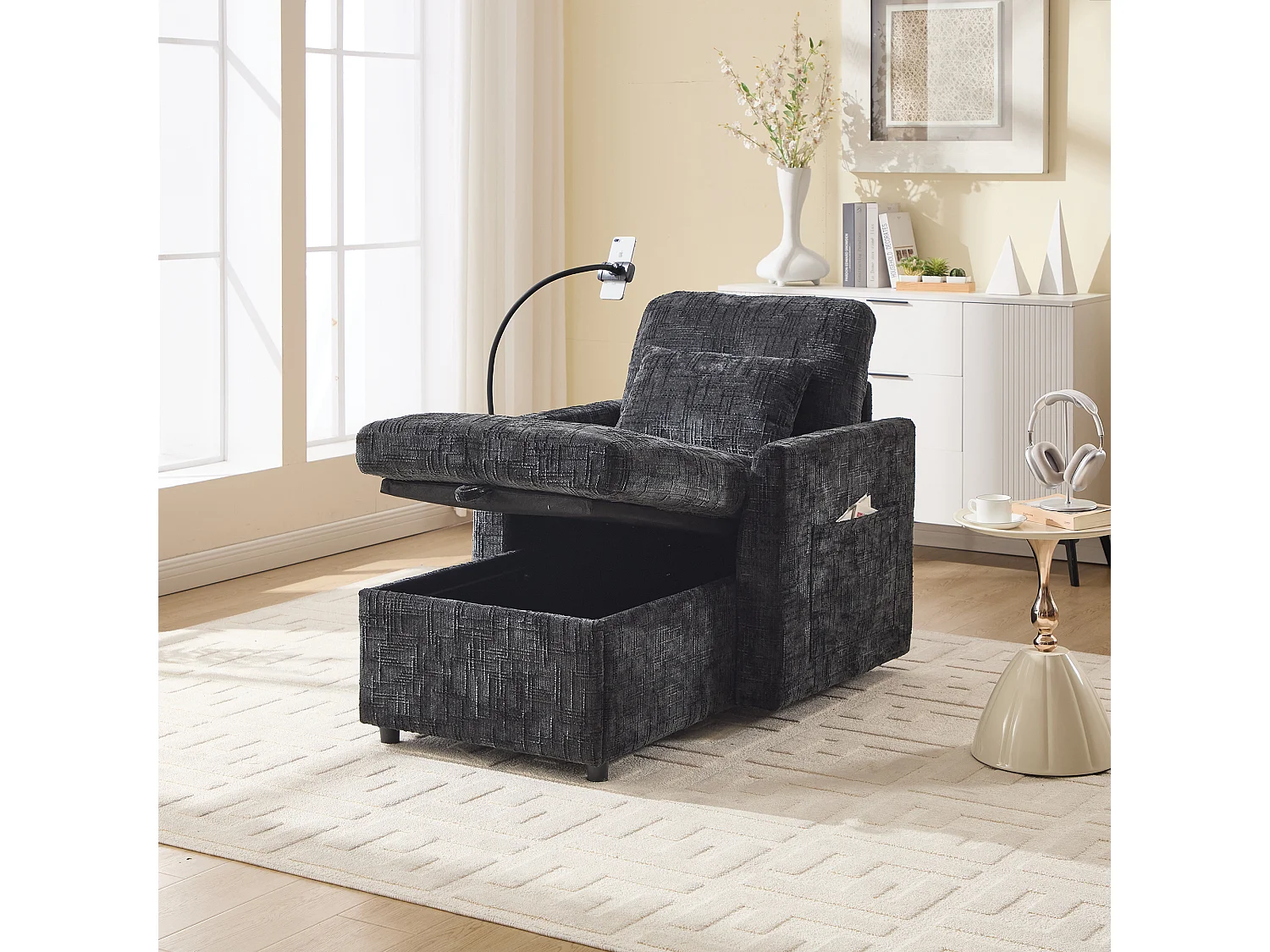 1-Sitzer-Sofa mit 2 Seitentaschen – Wohnzimmersofa mit Telefonhalter und verstecktem Stauraum – Schwarzes Chenille