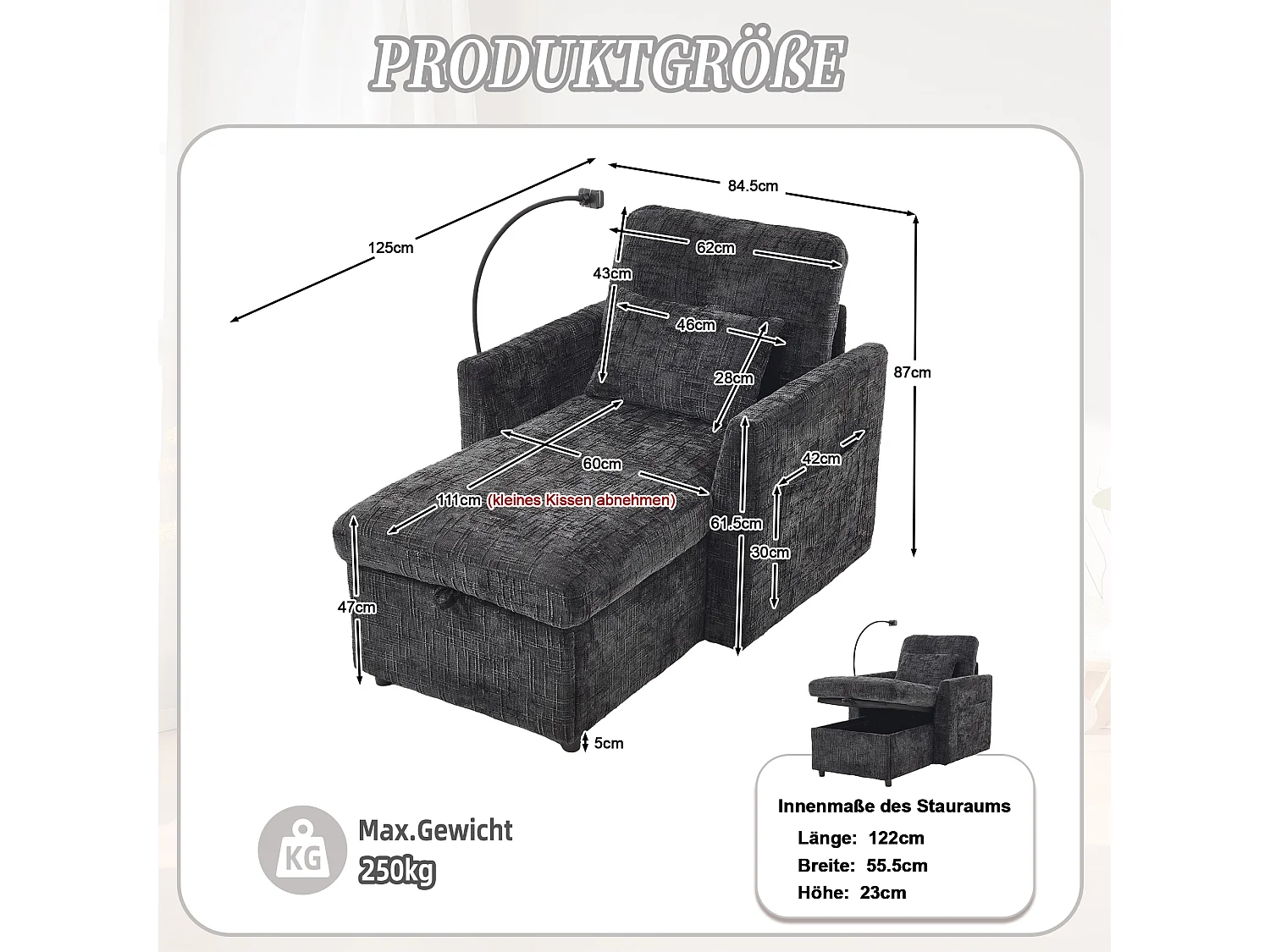 1-Sitzer-Sofa mit 2 Seitentaschen – Wohnzimmersofa mit Telefonhalter und verstecktem Stauraum – Schwarzes Chenille