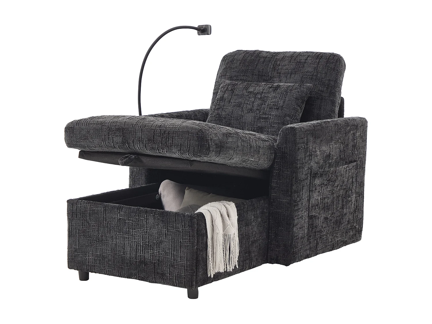 1-Sitzer-Sofa mit 2 Seitentaschen – Wohnzimmersofa mit Telefonhalter und verstecktem Stauraum – Schwarzes Chenille