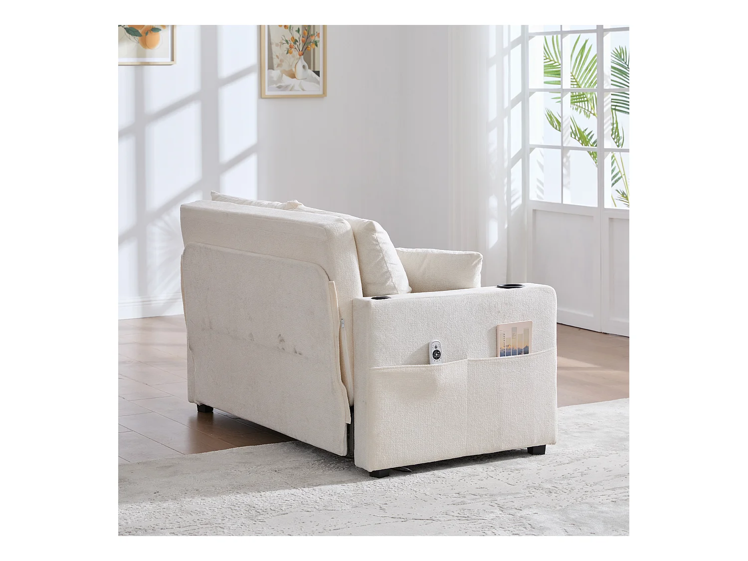 Canapé 2 places avec 4 coussins - Canapé relaxation avec porte-gobelet et poches latérales - chenille beige