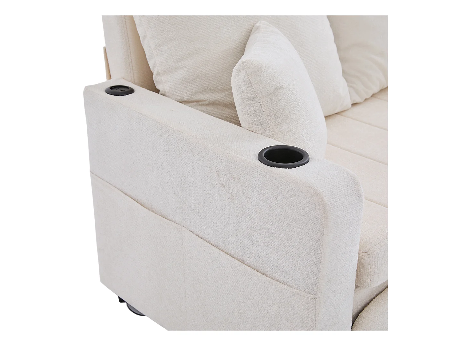 Canapé 2 places avec 4 coussins - Canapé relaxation avec porte-gobelet et poches latérales - chenille beige