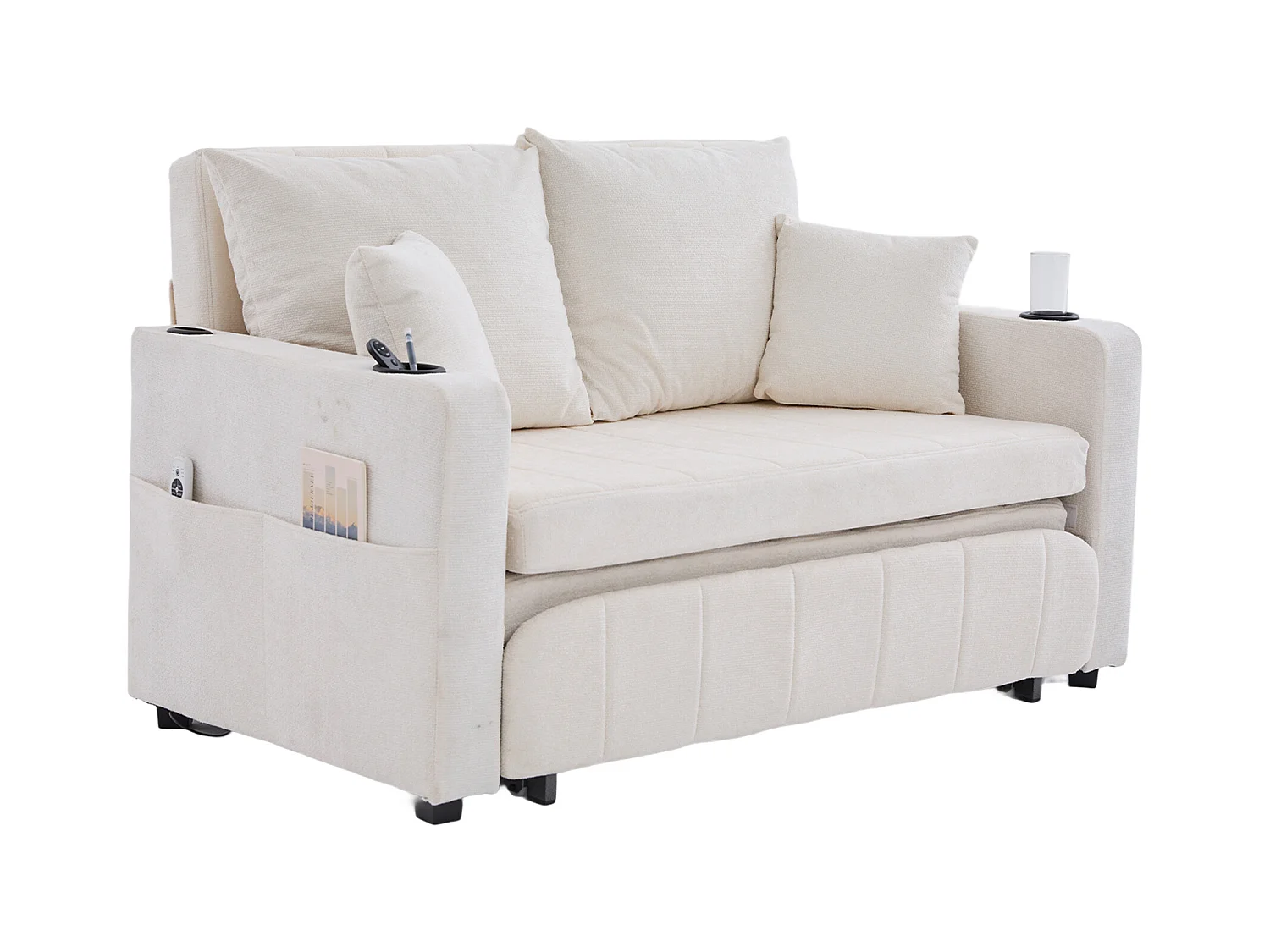 Canapé 2 places avec 4 coussins - Canapé relaxation avec porte-gobelet et poches latérales - chenille beige