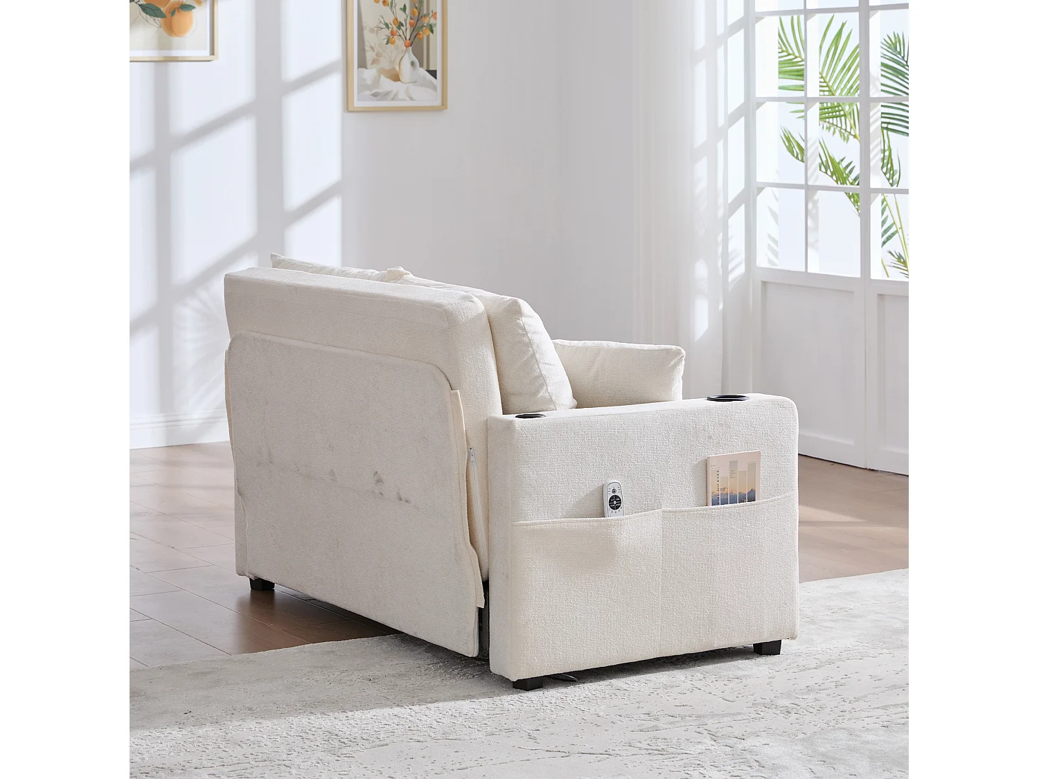 2-zitsbank met 4 kussens - Relaxbank met bekerhouder en zijzakken - beige chenille