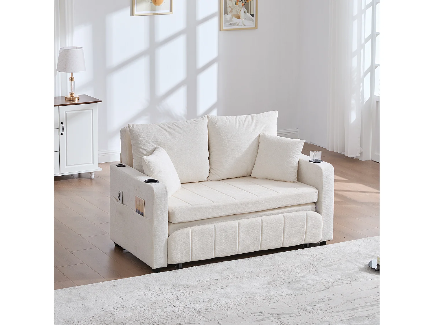 2-zitsbank met 4 kussens - Relaxbank met bekerhouder en zijzakken - beige chenille