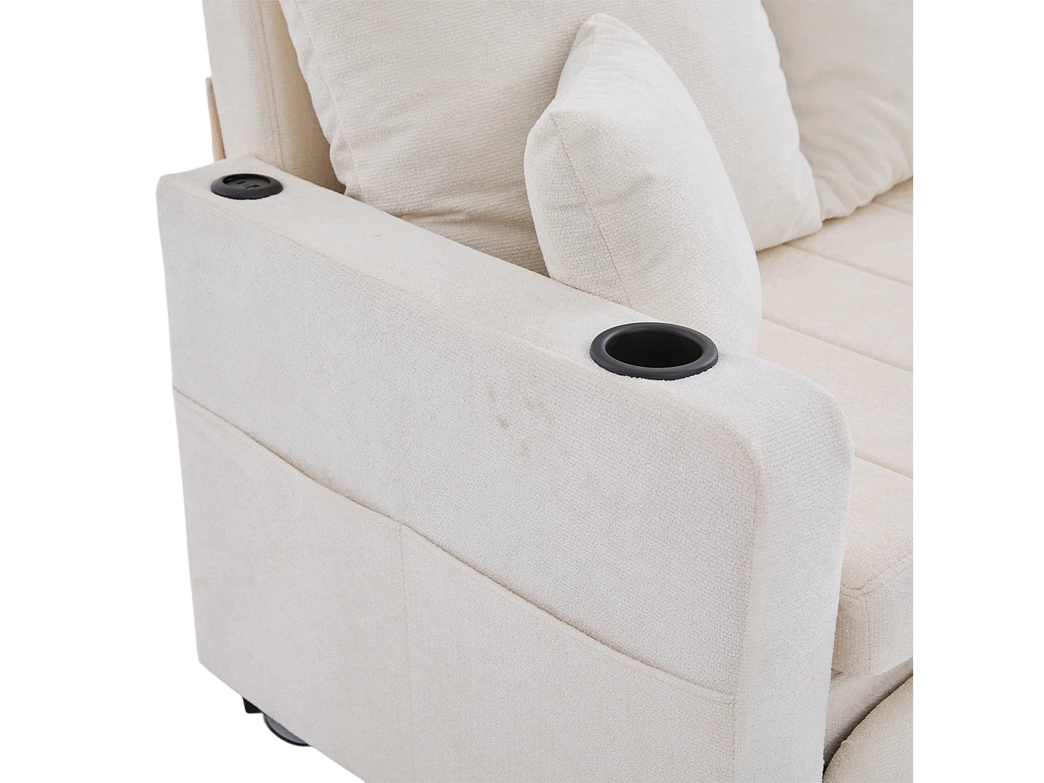 2-zitsbank met 4 kussens - Relaxbank met bekerhouder en zijzakken - beige chenille