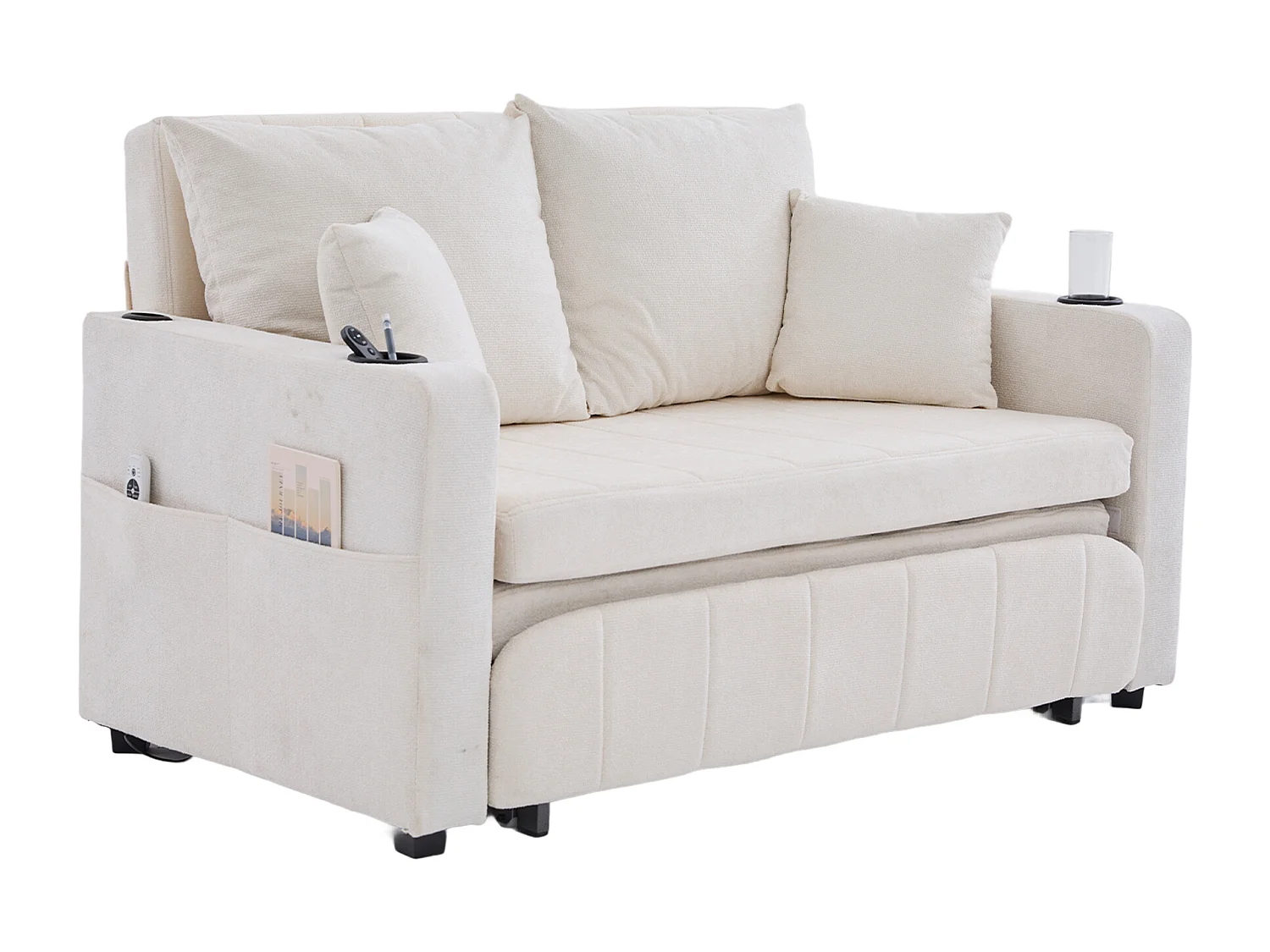 2-zitsbank met 4 kussens - Relaxbank met bekerhouder en zijzakken - beige chenille