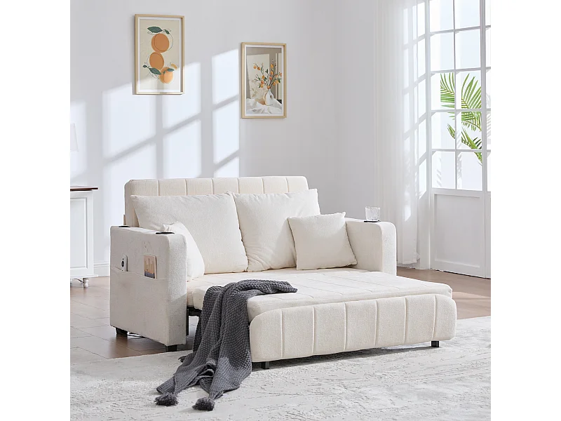 Canapé 2 places avec 4 coussins - Canapé relaxation avec porte-gobelet et poches latérales - chenille beige