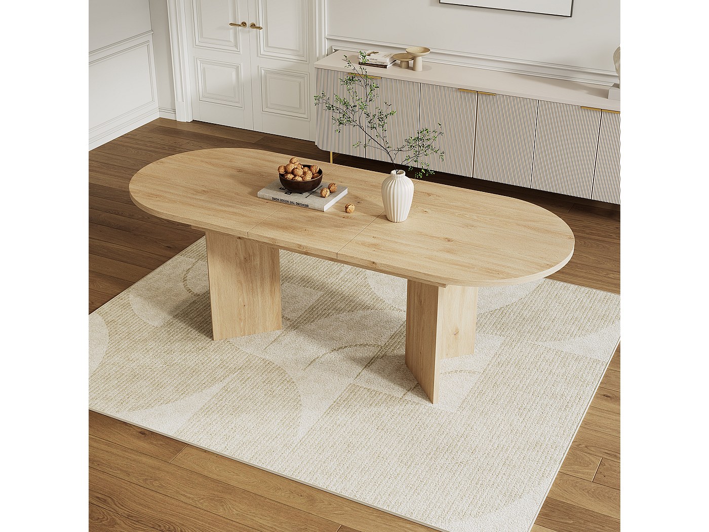 Ovale eikenhouten eettafel - Uitschuifbare tafel met gewatteerd blad ...