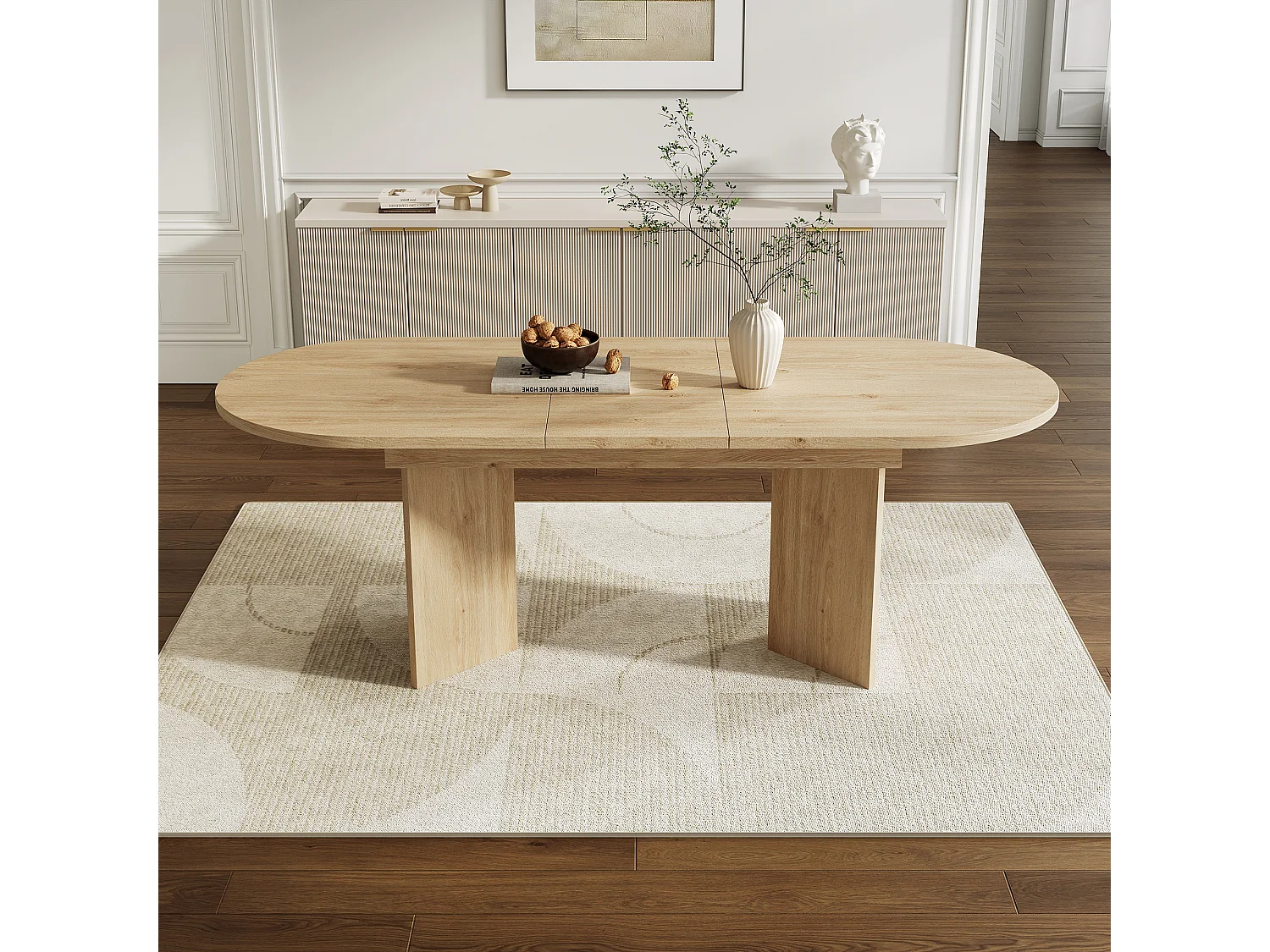 Table à manger ovale en chêne - Table avec extensible et plateau rembourré - pour 4 à 6 personnes
