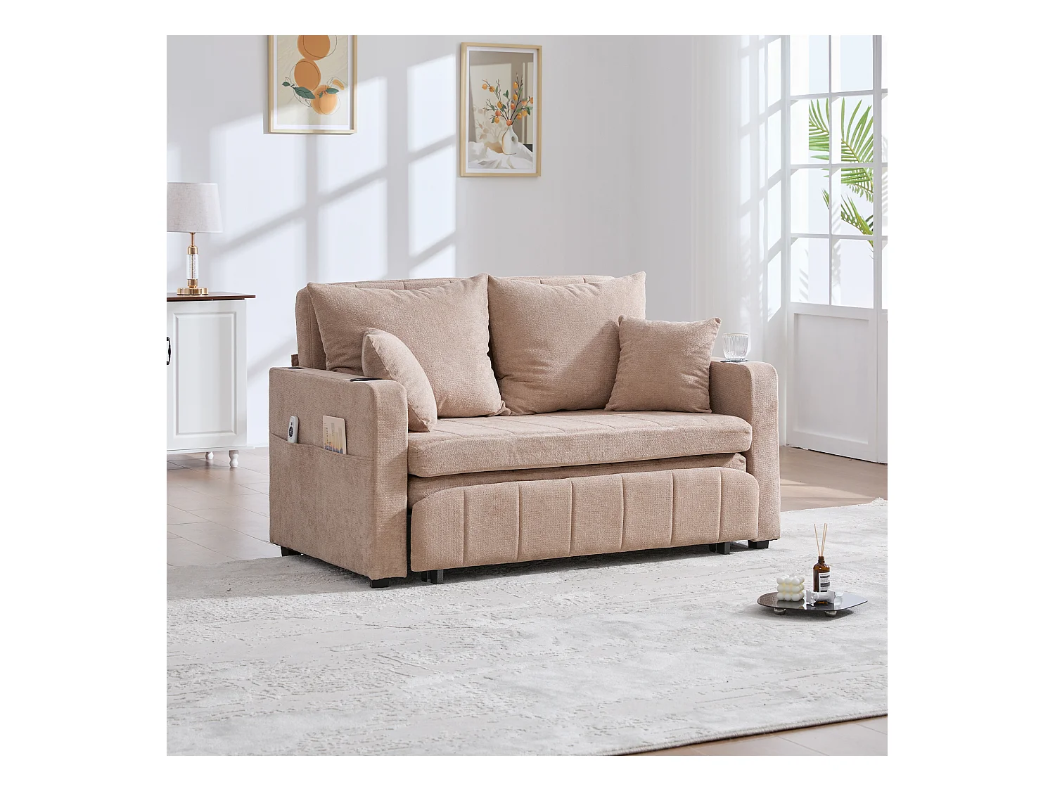 Canapé 2 places avec 4 coussins - Canapé relaxation avec porte-gobelet et poches latérales - chenille kaki