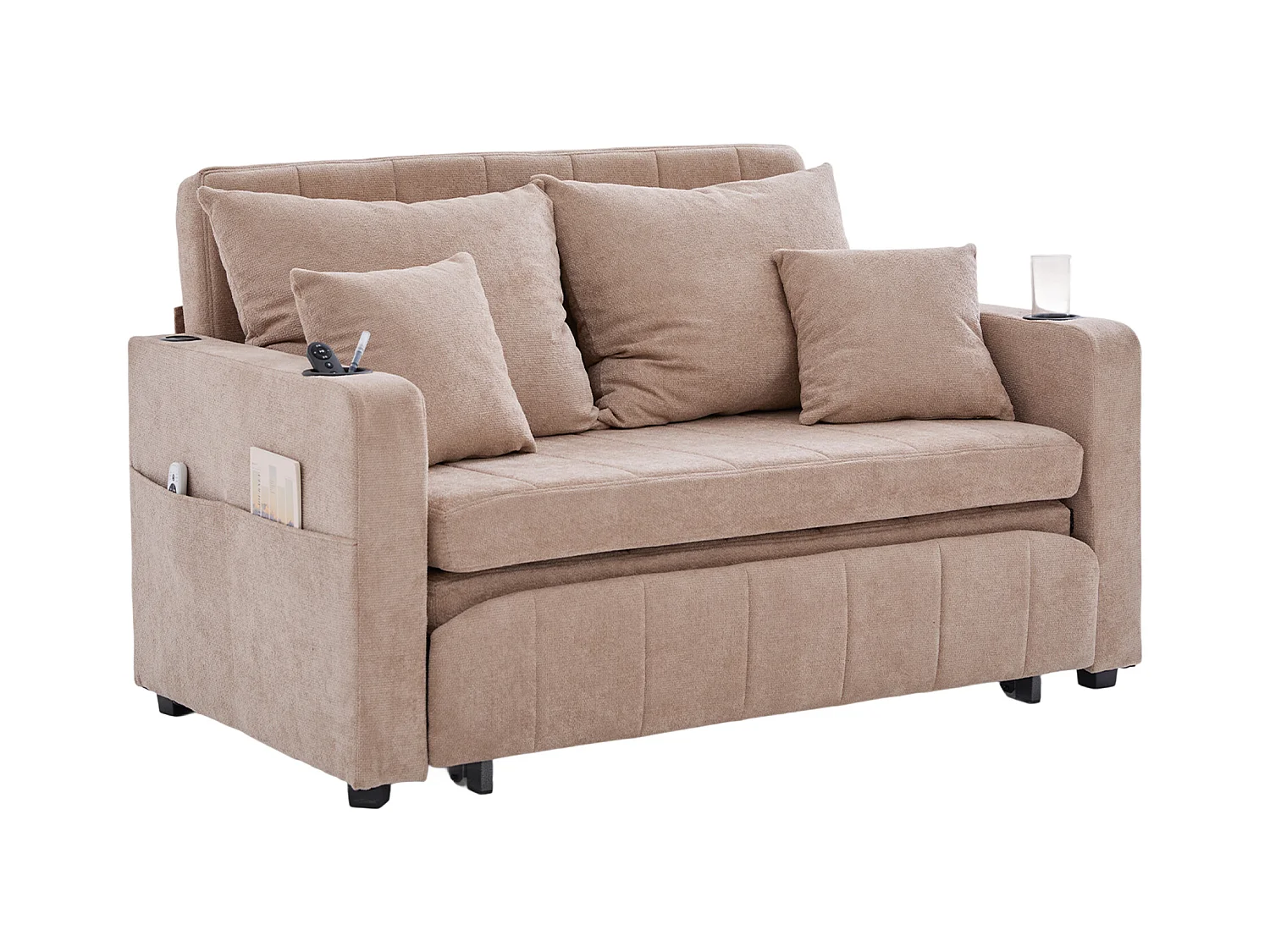 Canapé 2 places avec 4 coussins - Canapé relaxation avec porte-gobelet et poches latérales - chenille kaki