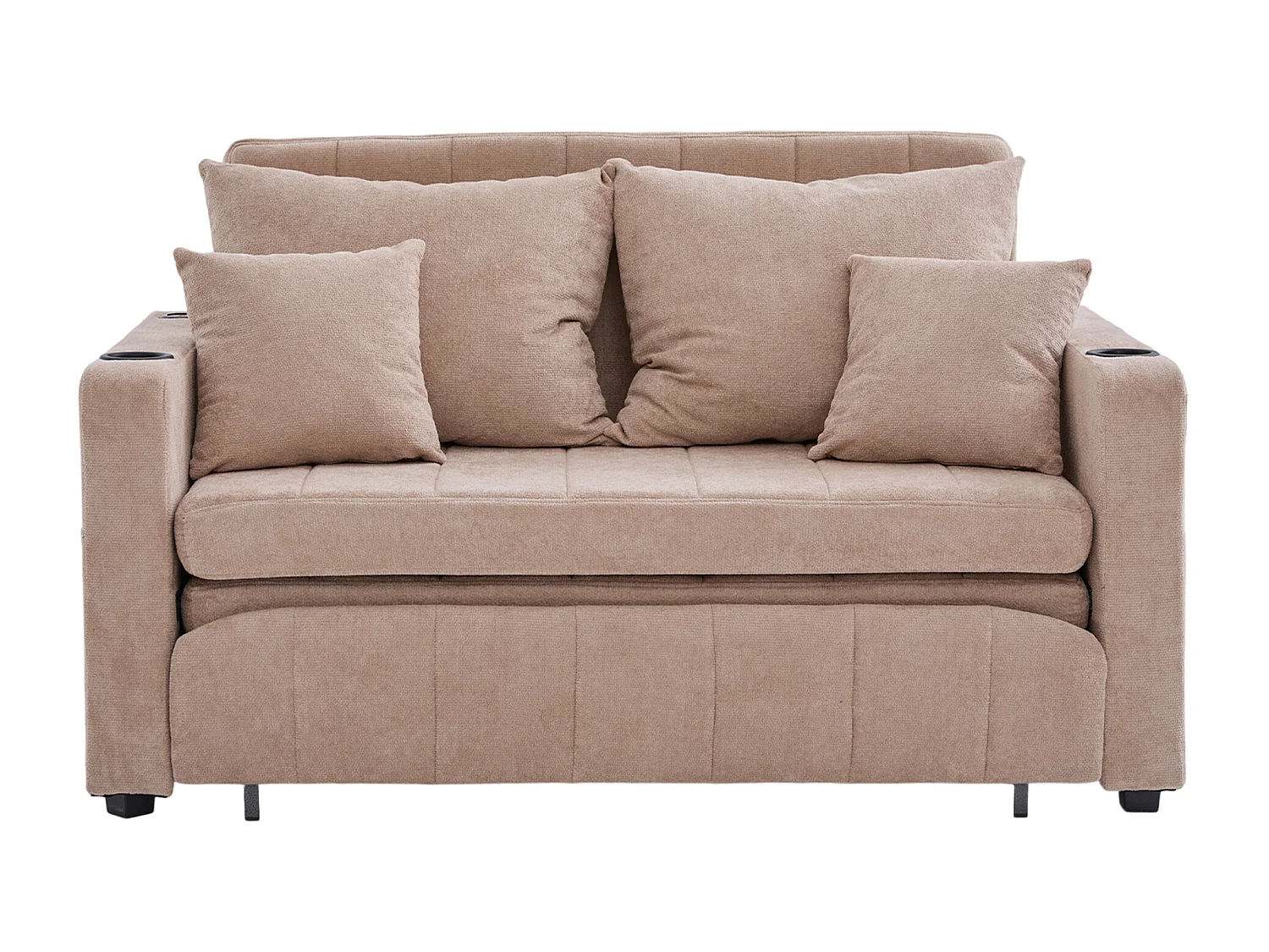 Sofá de 2 plazas con 4 cojines - Sofá relax con portavasos y bolsillos laterales - chenilla caqui