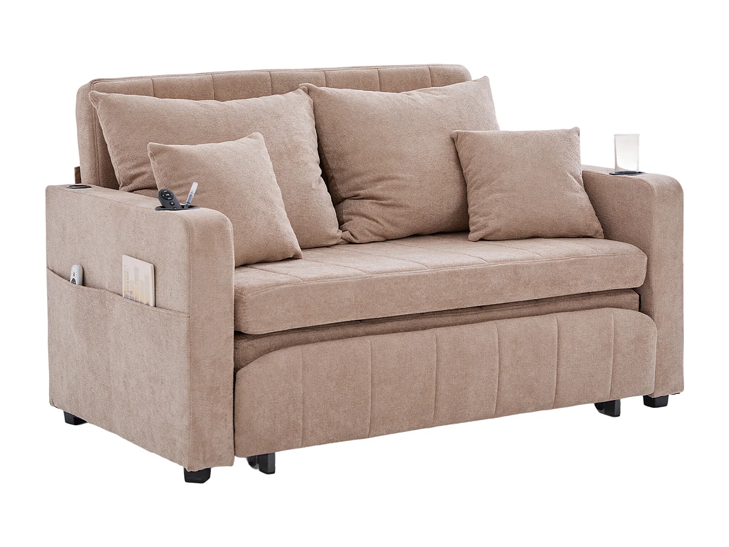 Sofá de 2 plazas con 4 cojines - Sofá relax con portavasos y bolsillos laterales - chenilla caqui