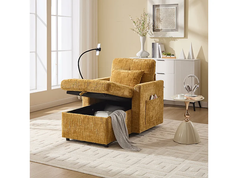 Divano a 1 posto con 2 tasche laterali - Divano da soggiorno con porta telefono e spazio nascosto - Ciniglia gialla