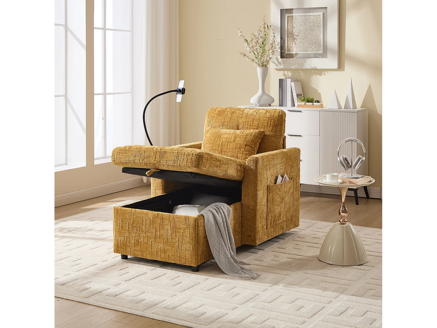 Sofá de 1 plaza con 2 bolsillos laterales - Sofá de salón con soporte para teléfono y espacio de almacenamiento oculto - Chenilla amarilla