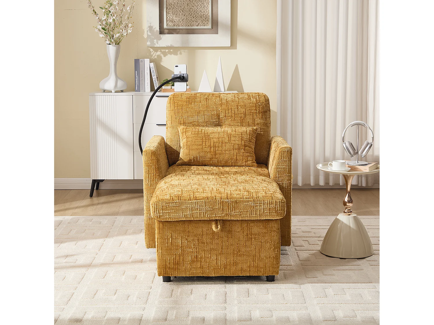 Sofá de 1 plaza con 2 bolsillos laterales - Sofá de salón con soporte para teléfono y espacio de almacenamiento oculto - Chenilla amarilla