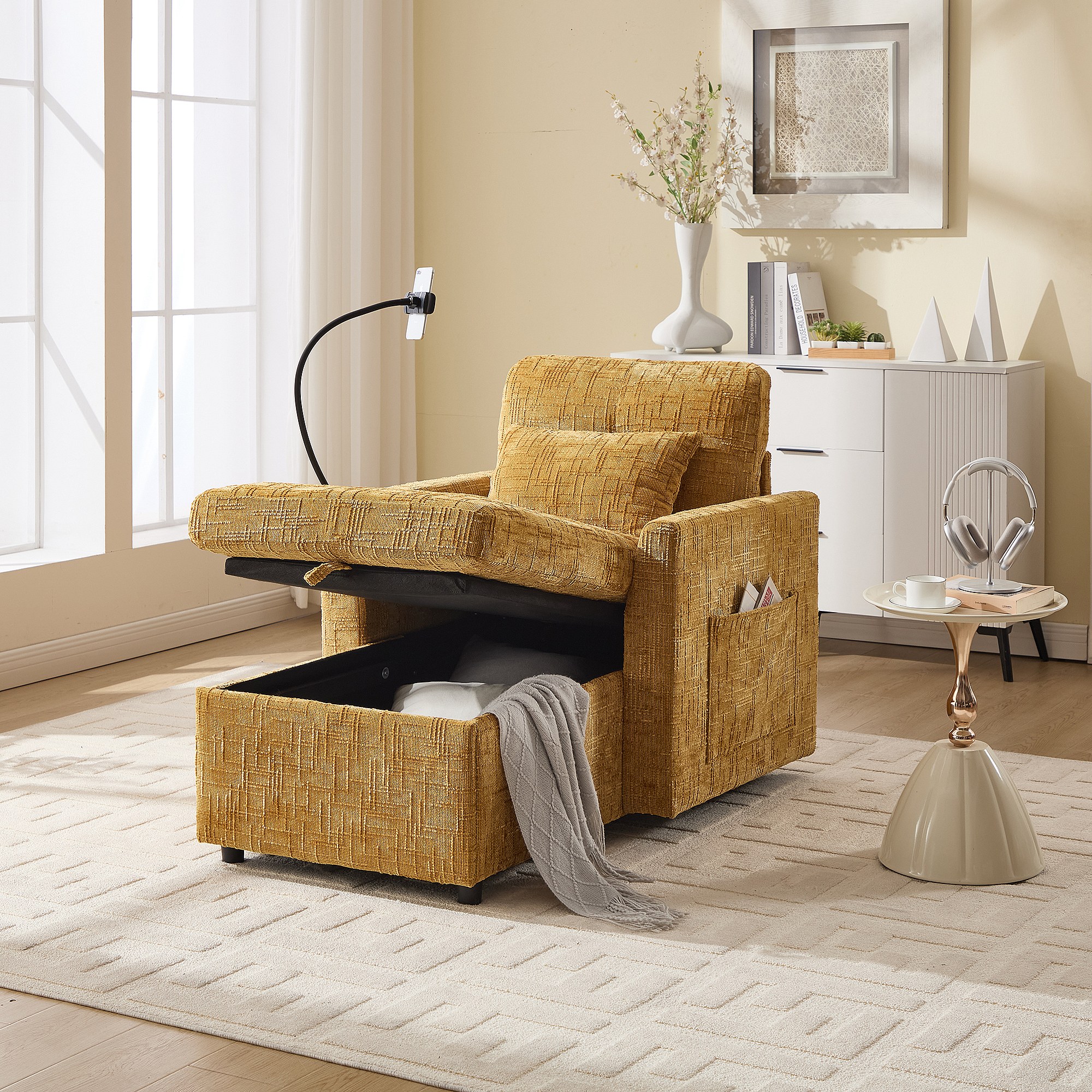 Canapé 2 Places Modulable En Chenille Beige - Poches Latérales, Dessous Antidérapant - Pour Salon, Jeu, Espace Détente