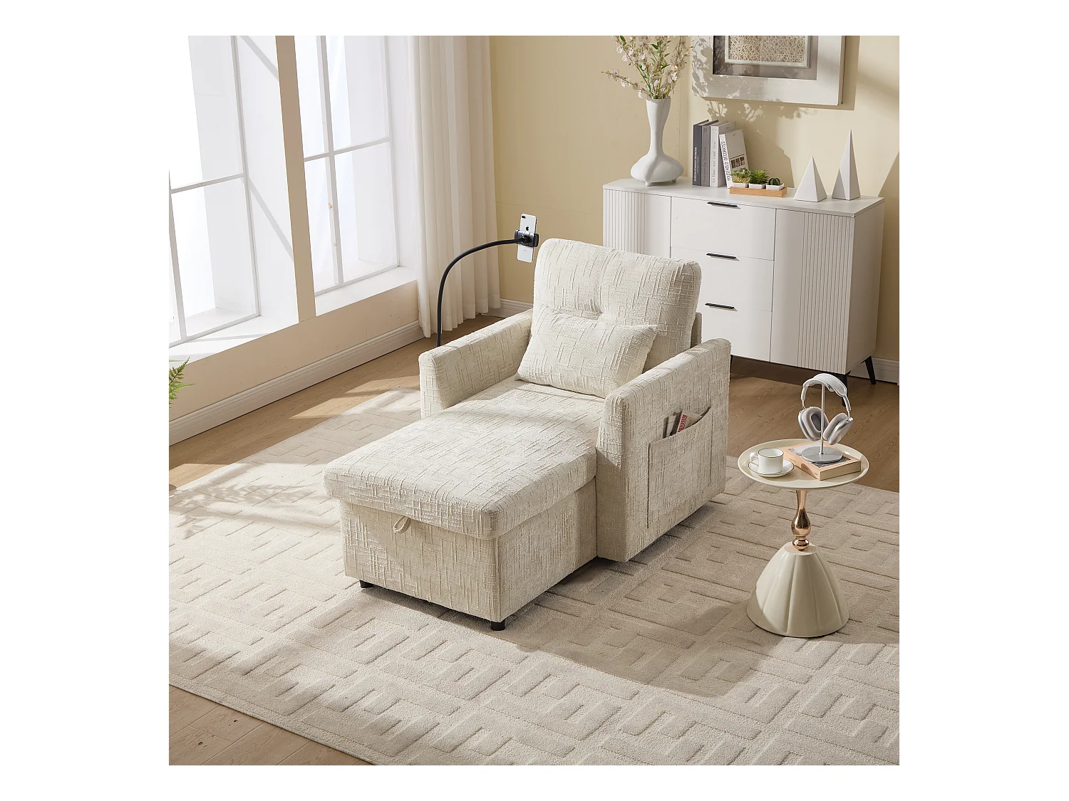 Canapé 1 place avec 2 poches latérales - Canapé de salon avec support pour téléphone et rangement dissimulé - chenille beige