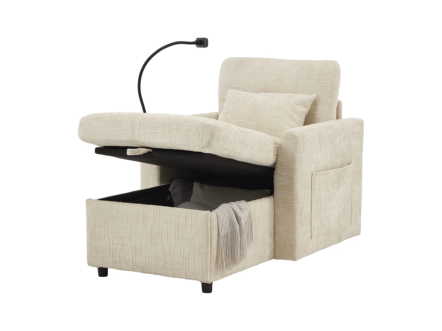 Canapé 1 place avec 2 poches latérales - Canapé de salon avec support pour téléphone et rangement dissimulé - chenille beige