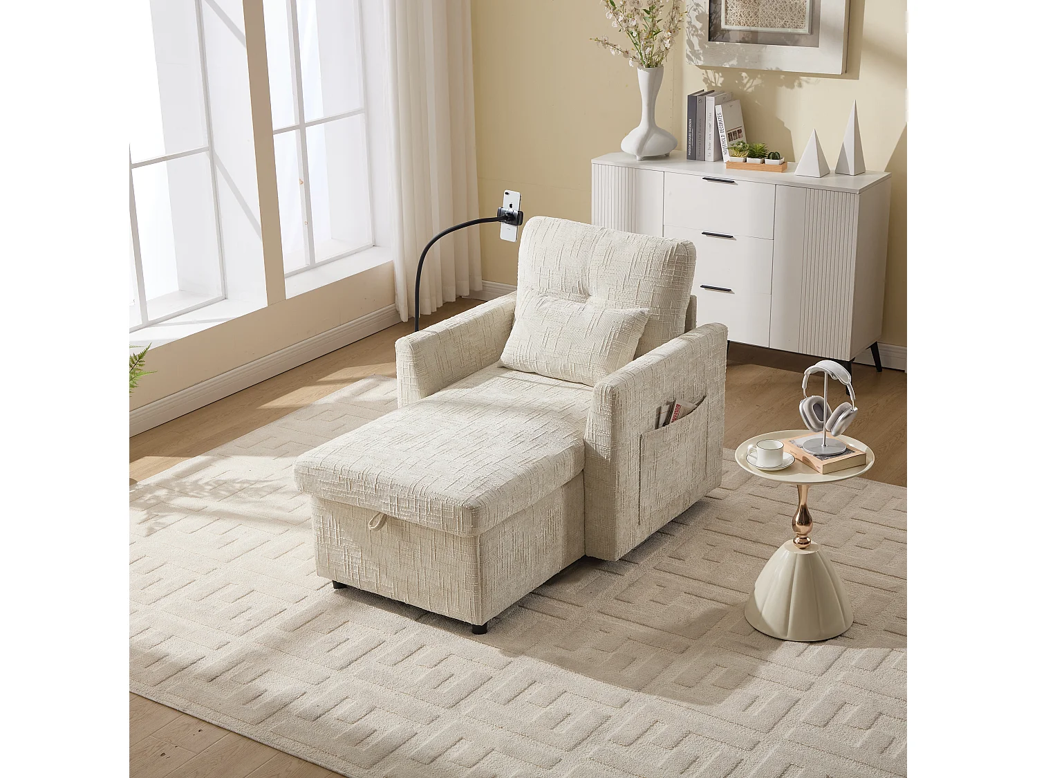 1-Sitzer-Sofa mit 2 Seitentaschen – Wohnzimmersofa mit Telefonhalter und verstecktem Stauraum – beigefarbenes chenille