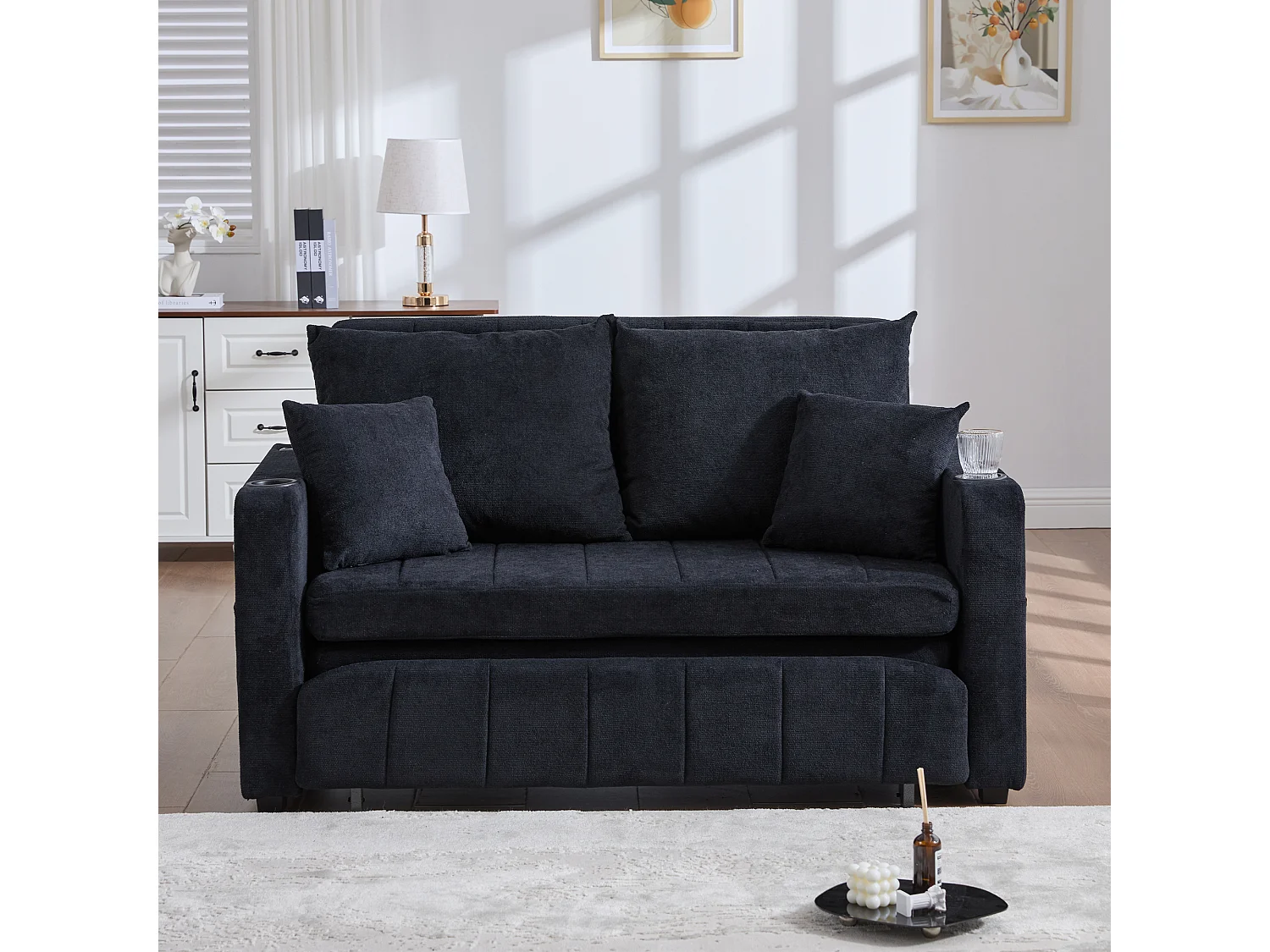 Canapé 2 places avec 4 coussins - Canapé relaxation avec porte-gobelet et poches latérales - chenille noir