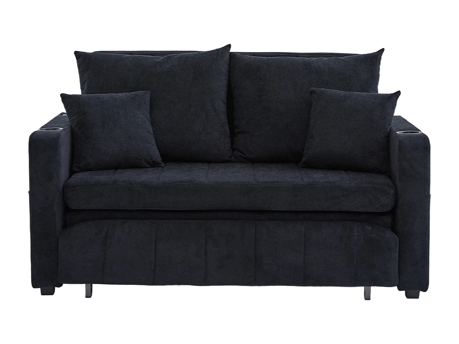 Canapé 2 places avec 4 coussins - Canapé relaxation avec porte-gobelet et poches latérales - chenille noir