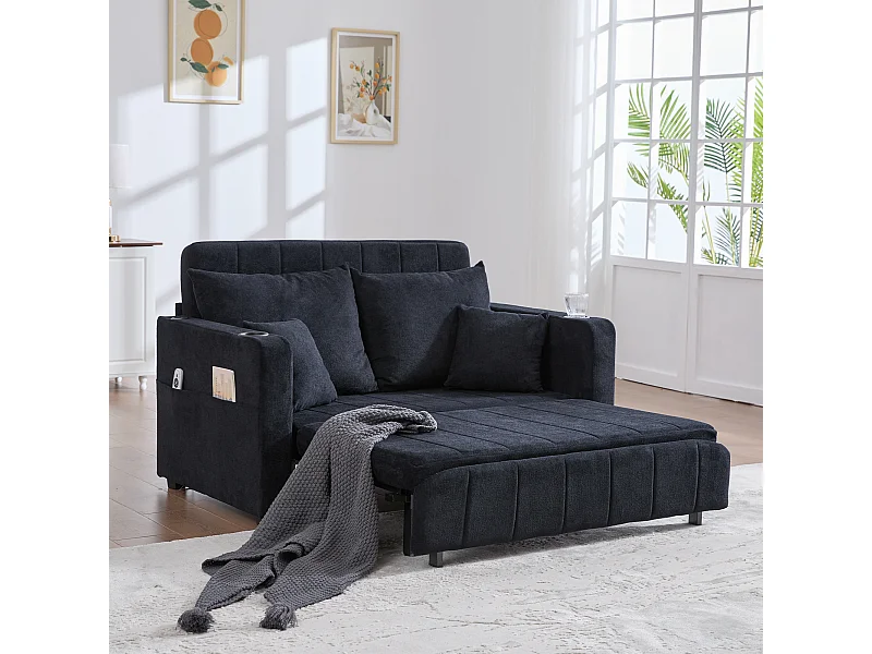 Canapé 2 places avec 4 coussins - Canapé relaxation avec porte-gobelet et poches latérales - chenille noir