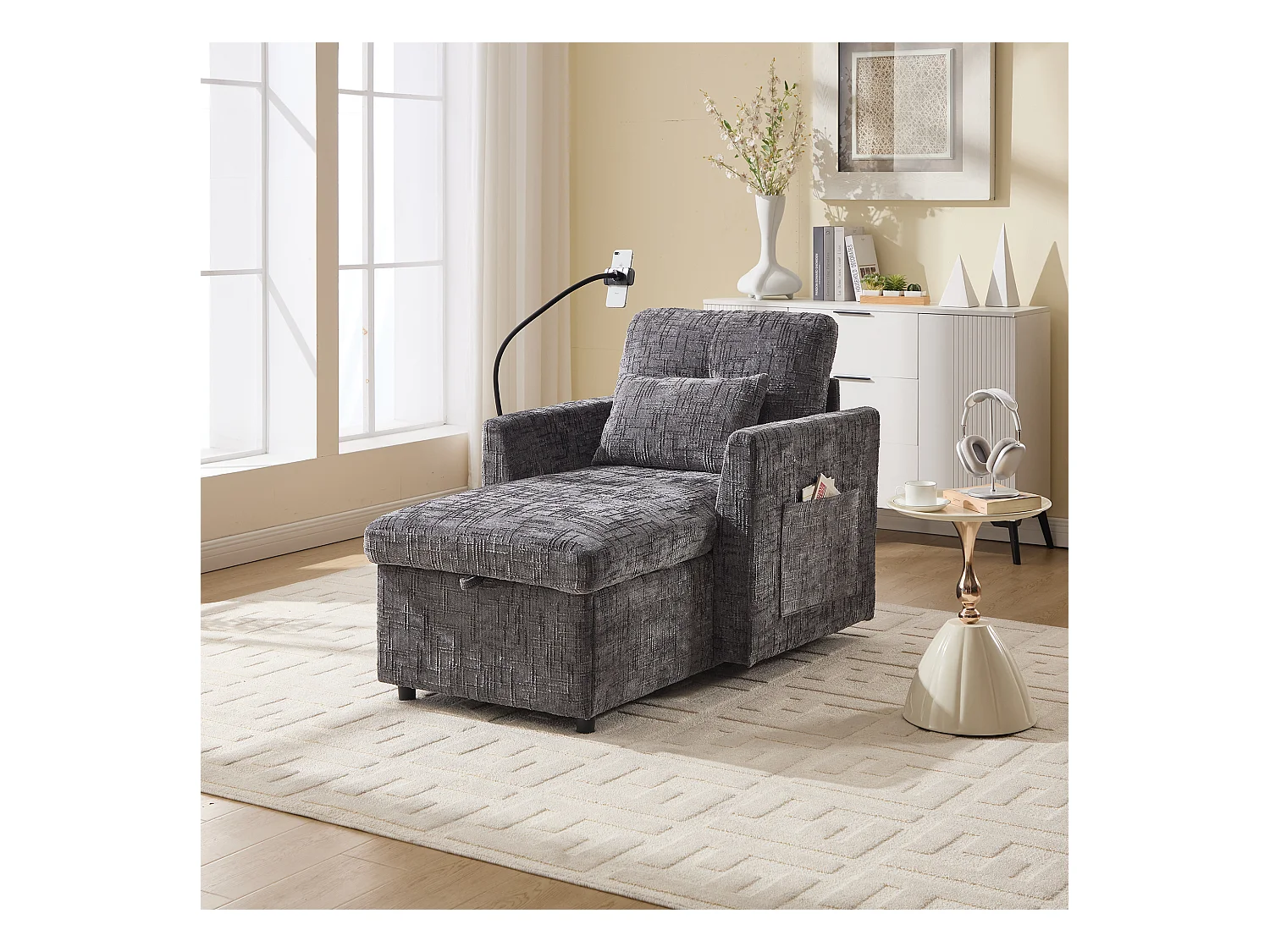 Canapé 1 place avec 2 poches latérales - Canapé de salon avec support pour téléphone et rangement dissimulé - chenille gris