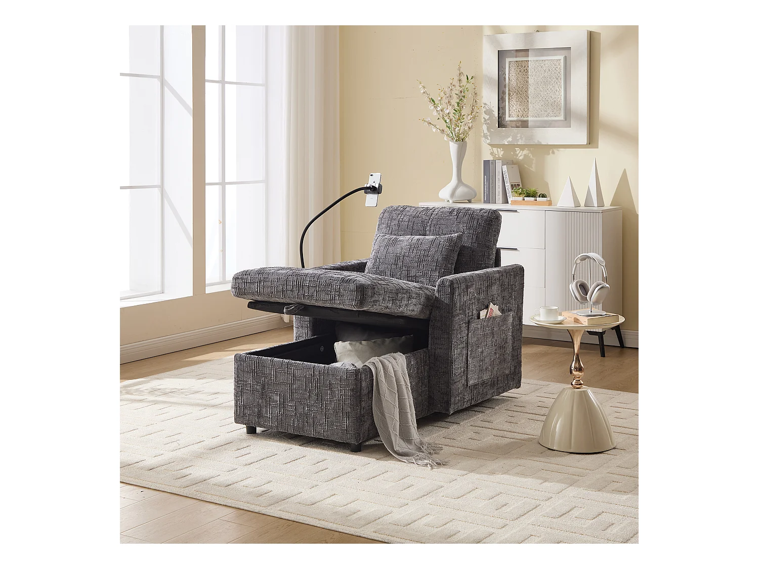 Canapé 1 place avec 2 poches latérales - Canapé de salon avec support pour téléphone et rangement dissimulé - chenille gris